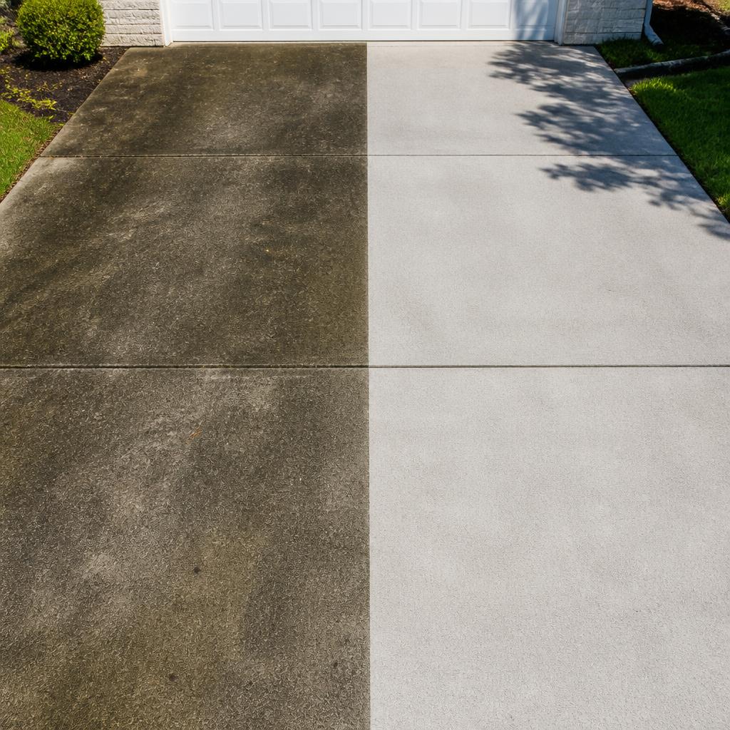 Before and after of a concrete driveway pressure washed clean of algae and stains